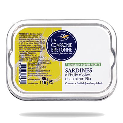 Sardines entières à teneur réduite en sodium, à l'huile d'olives et citron bio